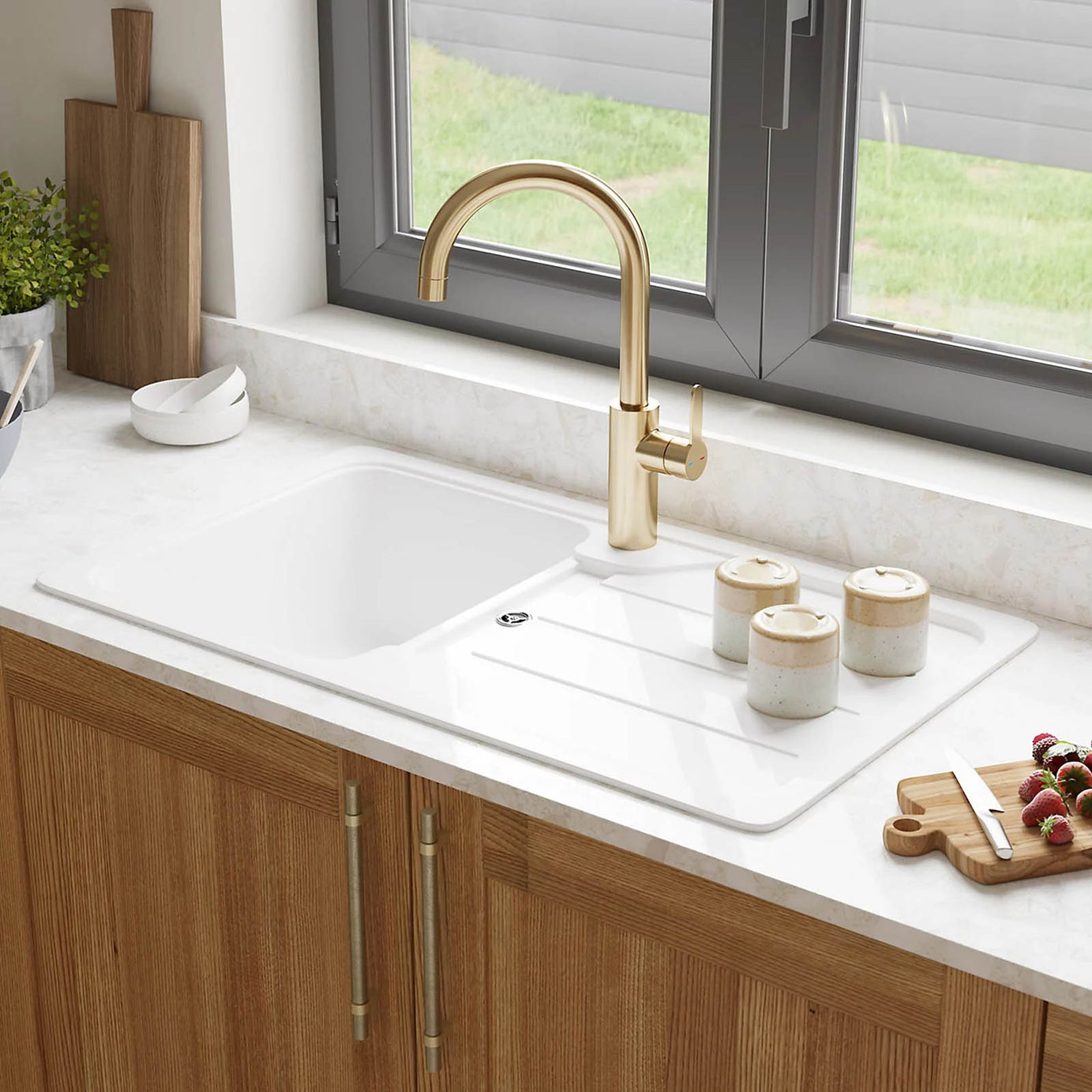 Cooke & Lewis Kitchen Sink Arber Quartz Composite 1 Bowl Drainer White 860mm - Image 5
