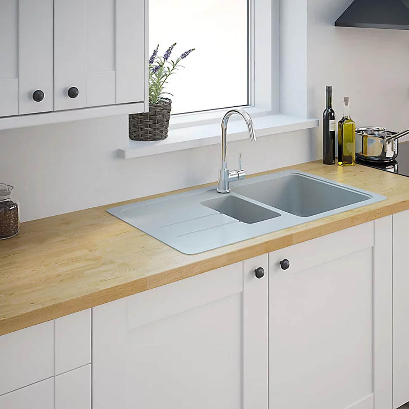 Kitchen Sink White 1.5 Bowl Reversible Drainer Composite Quartz Rectangular - Image 3