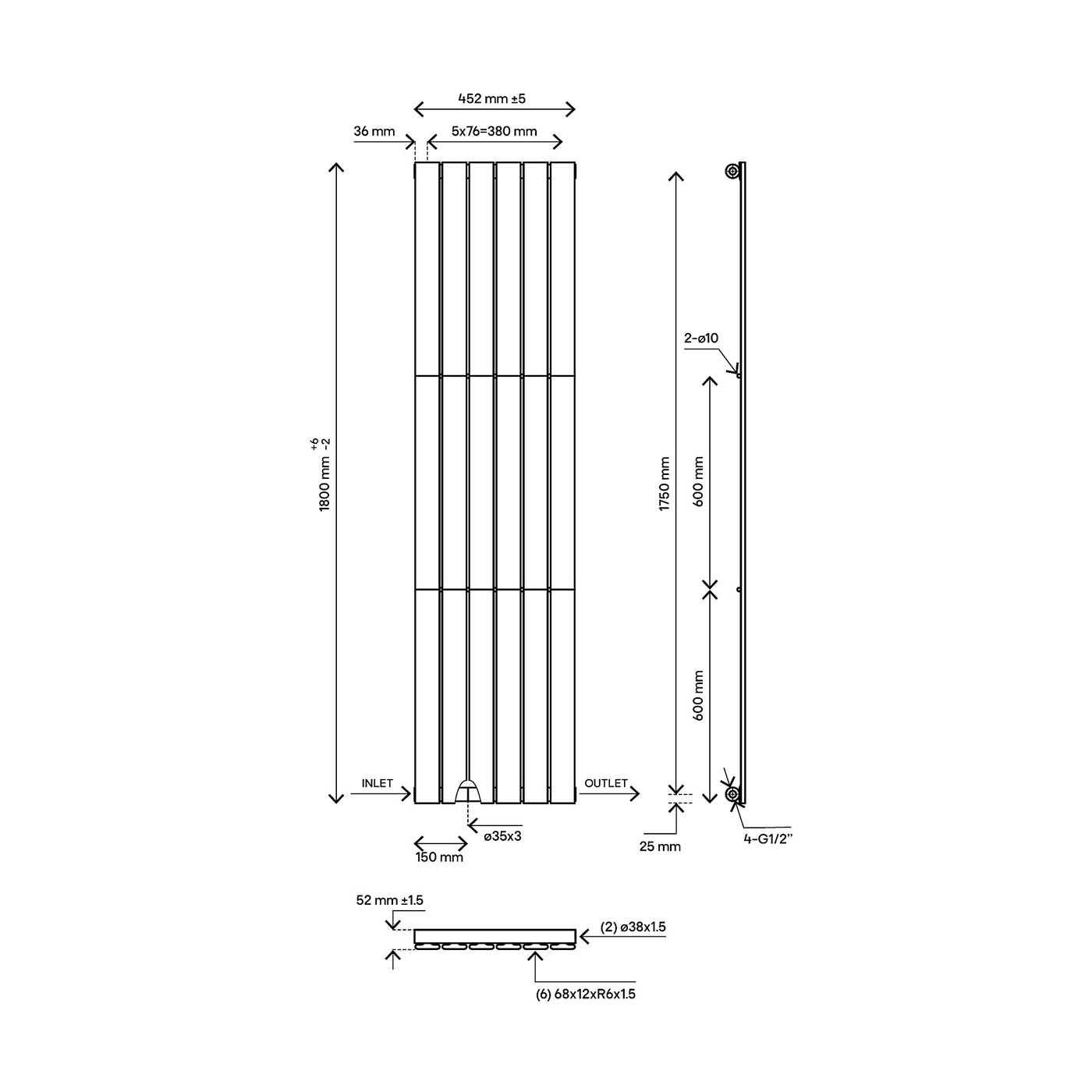 Blyss Designer Radiator White Faringdon 20161893 Vertical 2598BTU W452xH1800mm - Image 3