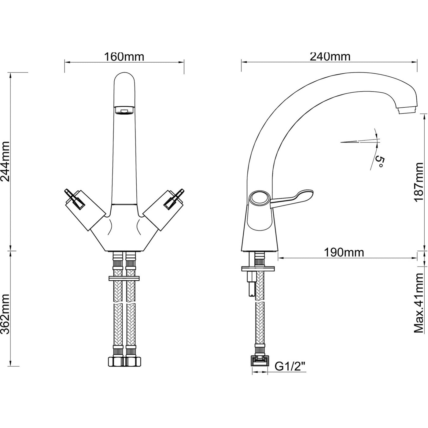 Kitchen Tap Monobloc Mixer Chrome Double Lever 1/4 Turn Brass Modern Faucet - Image 5