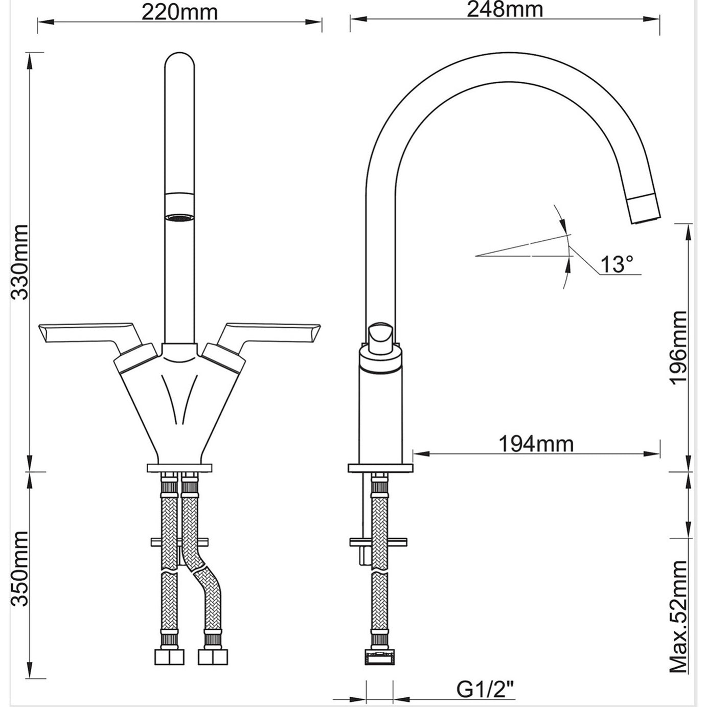 Kitchen Tap Monobloc Mixer Chrome Dual Lever Brass Swivel Spout Modern Faucet - Image 5
