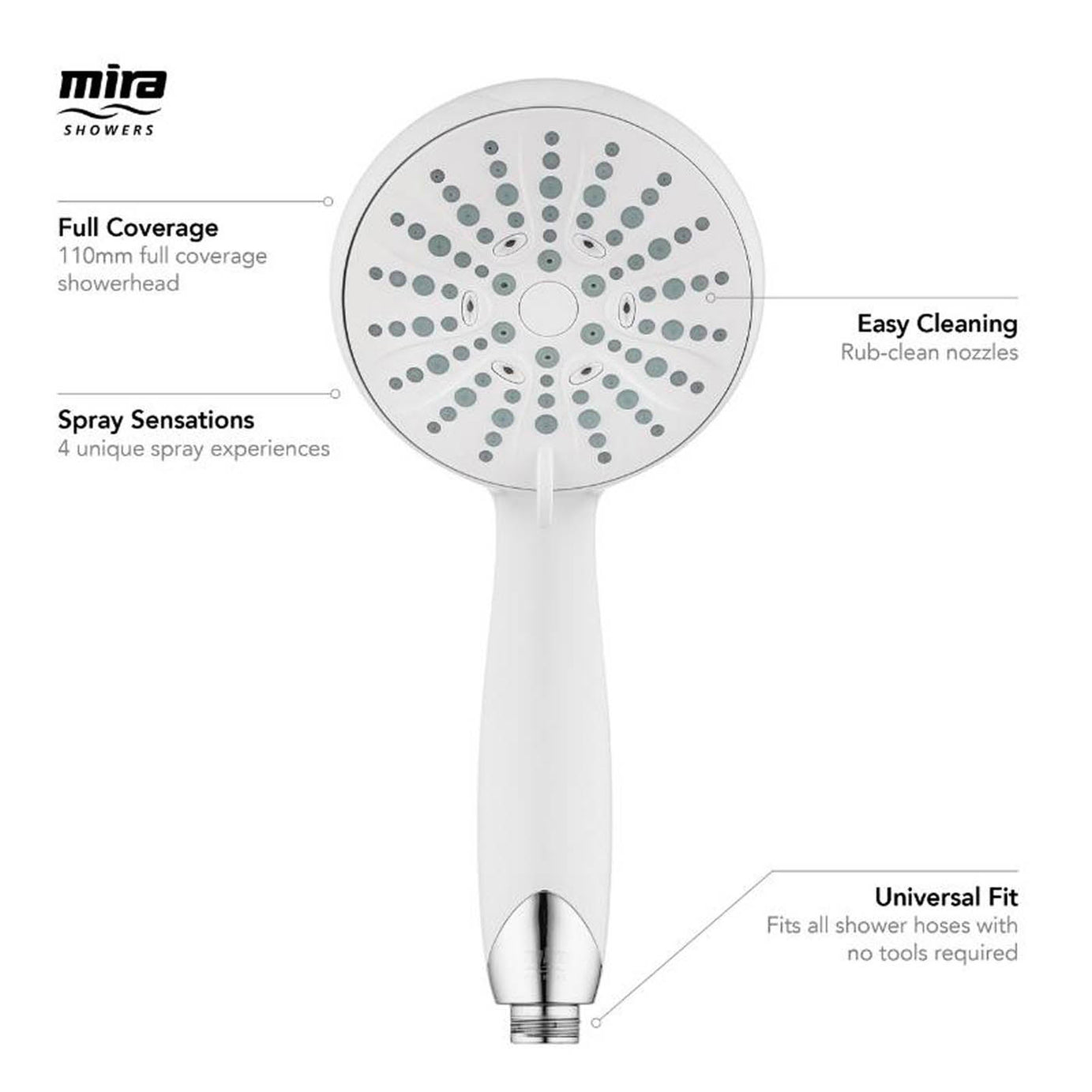 Mira Shower Head White Round Universal 4 Spray Settings Rub-Clean Nozzles 110mm - Image 4