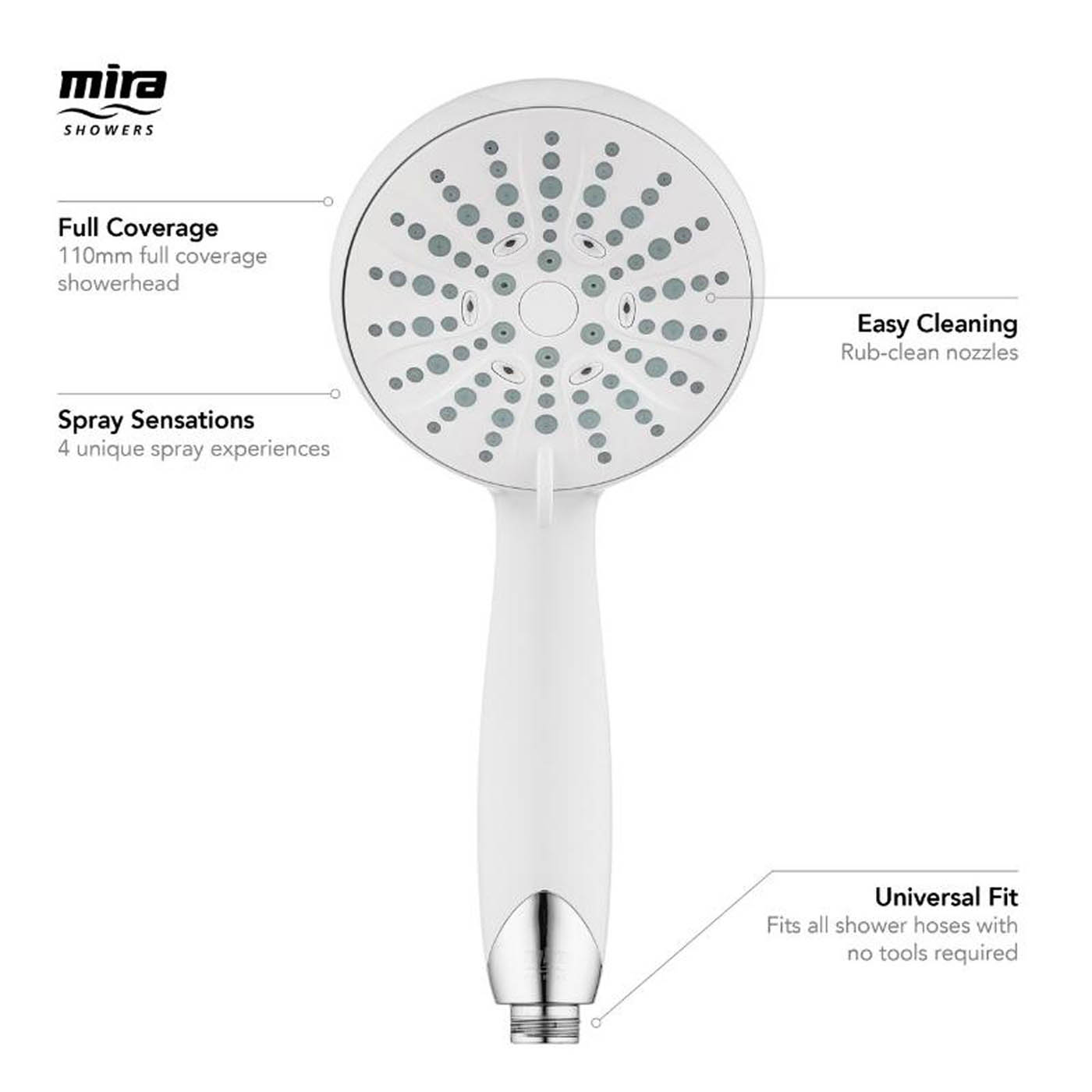 Mira Shower Head White Round Universal 4 Spray Settings Rub-Clean Nozzles 110mm - Image 4