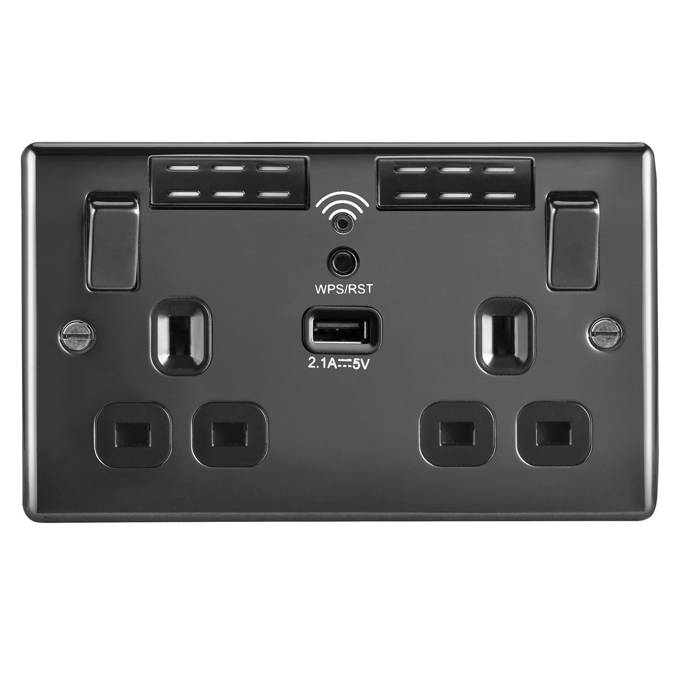 WiFi Extender Socket USB 13A 2-Gang Raised Slim Sleek Switched Black Nickel - Image 1