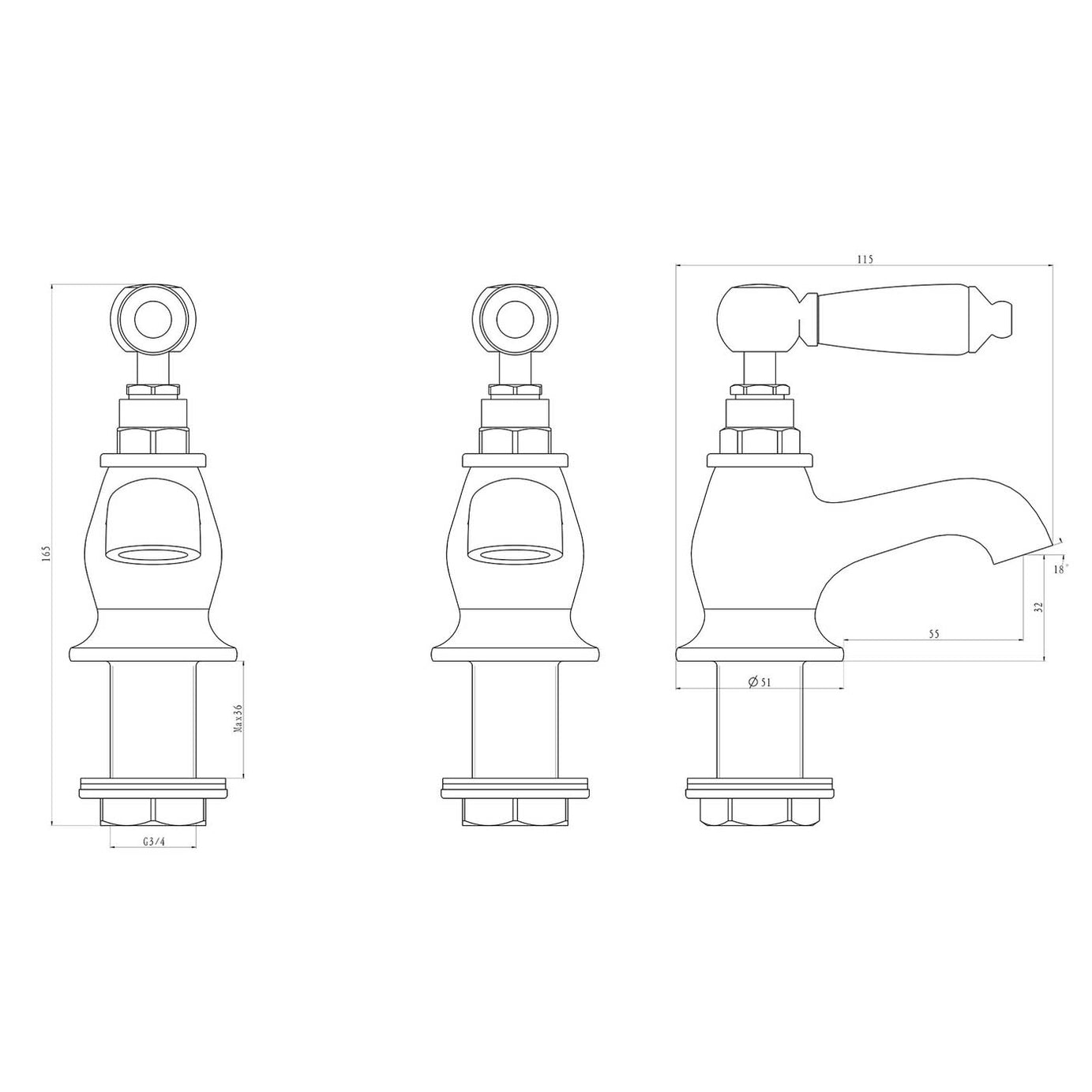 Bath Pillar Taps Traditional Bathroom Tub Filler Chrome Plated Brass Pair - Image 4