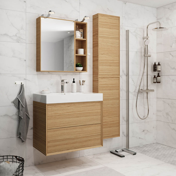 Bathroom Wall Cabinet Matt Oak Veneer Single Modern Slim 2 Shelves (H)90 (W)40cm - Image 2