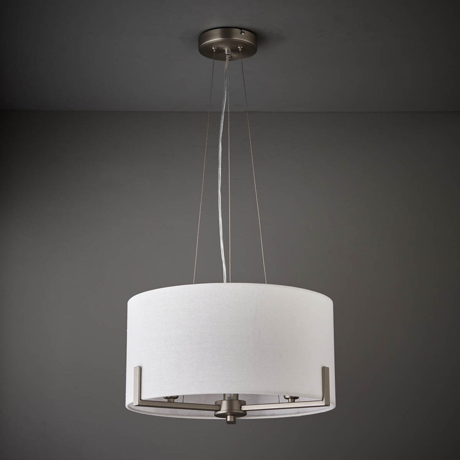 Pendant Ceiling Light 3 Lamp Matt Faux Linen Steel Nickel Effect Modern - Image 2
