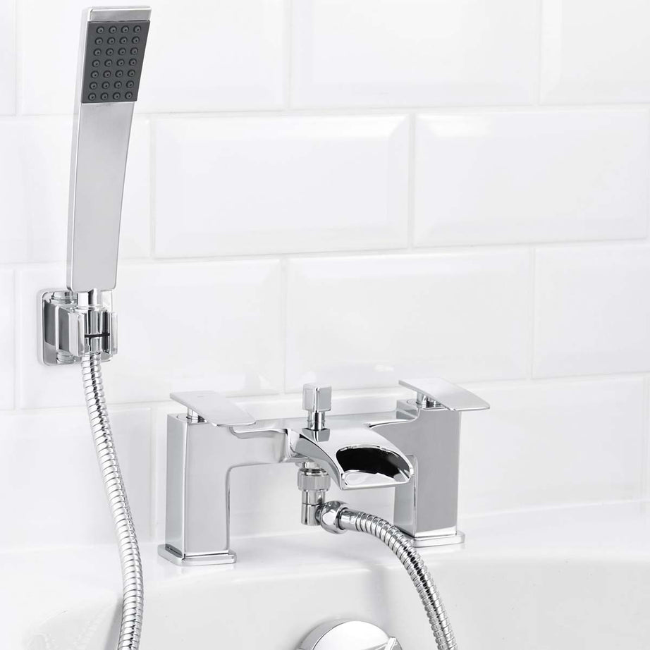 Bath Filler Tap Mixer With Hand Held Set Chrome Dual Lever Square Head Bathroom - Image 3