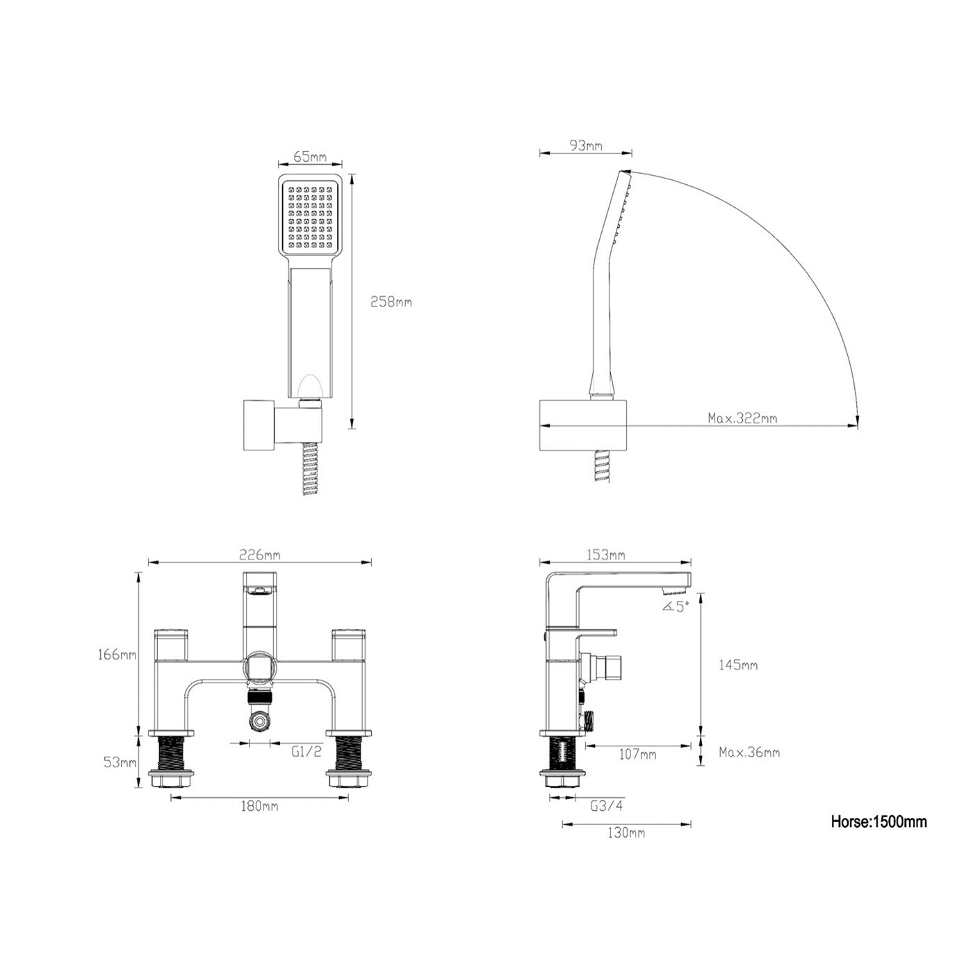 Bath Filler Tap Mixer Shoer Handset Chrome Dual Lever ¼ Turn Modern Bathroom - Image 4