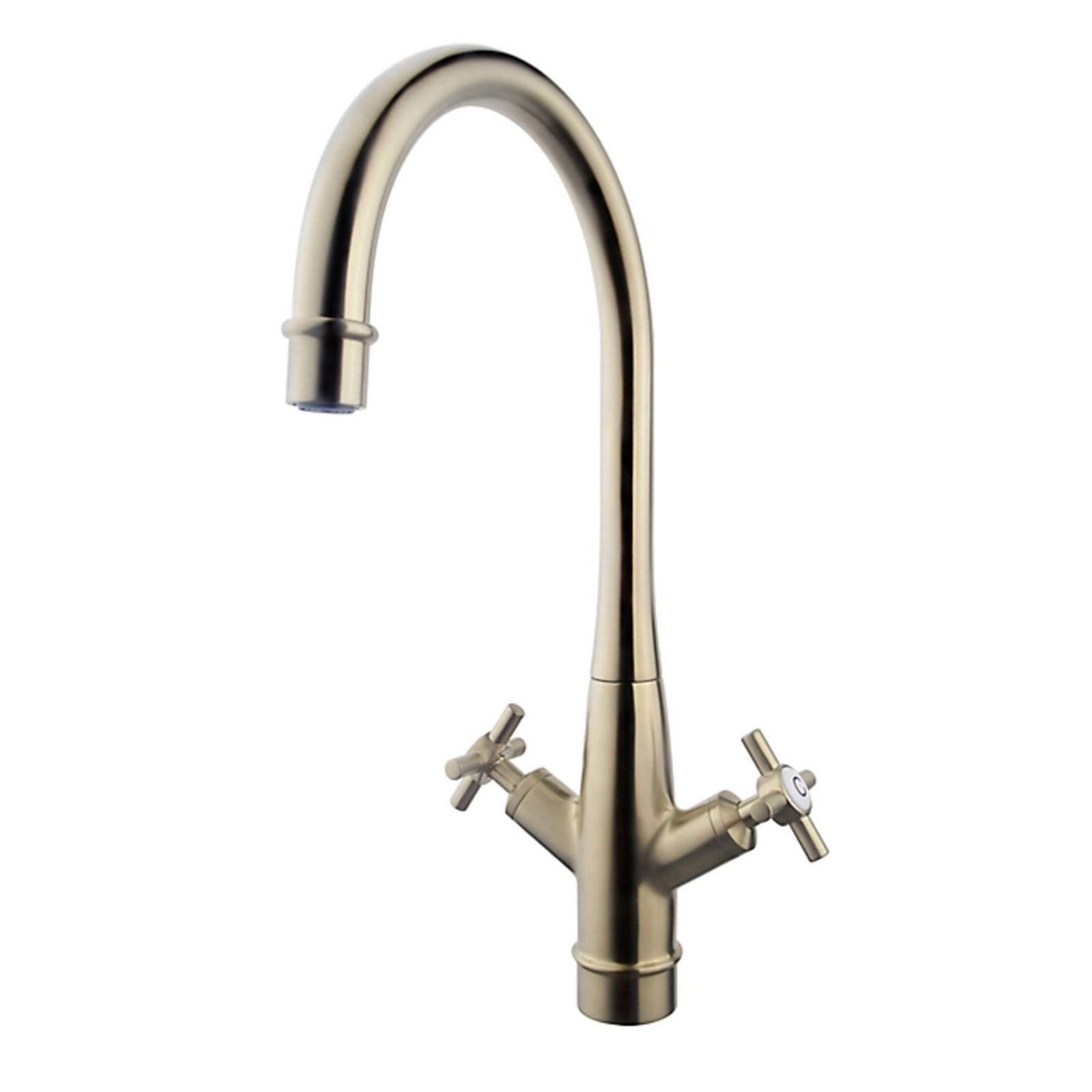 Kitchen Tap Mixer Double Lever Semi Gloss Gold Brass Effect Traditional Faucet - Image 1