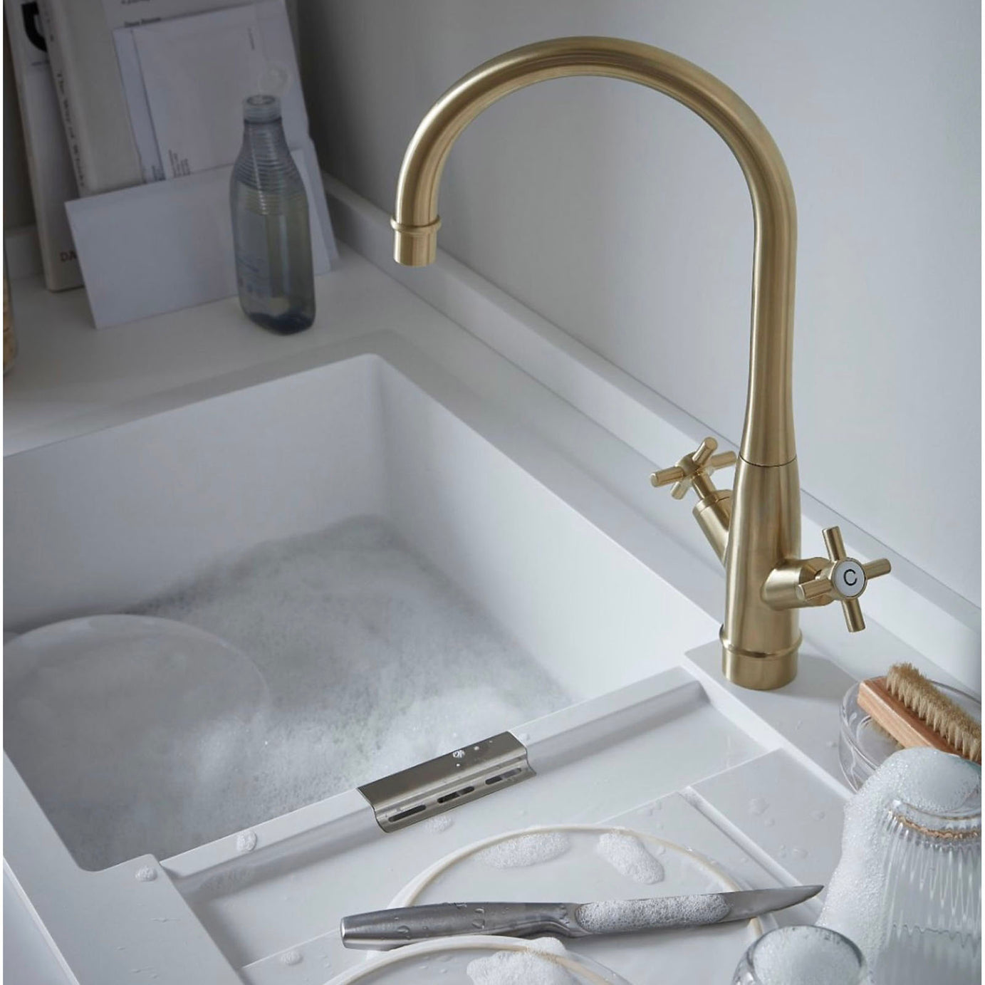 Kitchen Tap Mixer Double Lever Semi Gloss Gold Brass Effect Traditional Faucet - Image 4