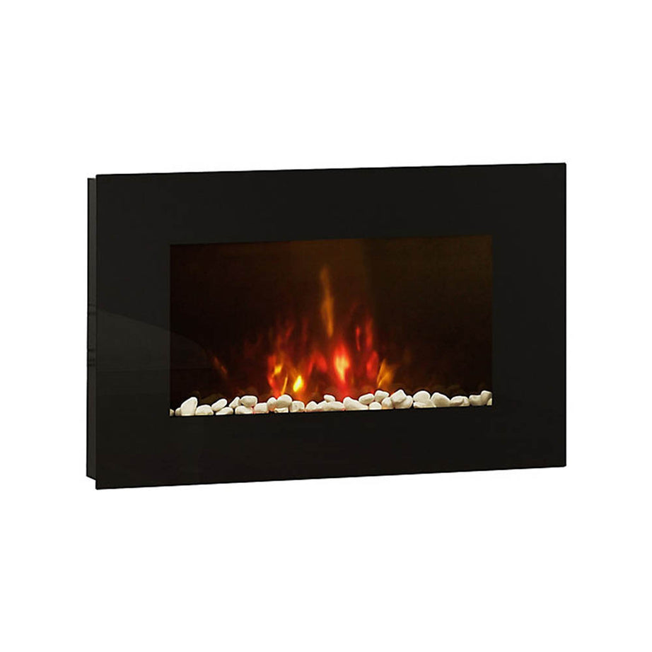 Electric Fireplace 2kW Wall Mounted Timer Flat Black Glass Heater Remote Control - Image 1