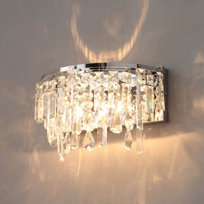 Wall Light LED 2 Lamp Steel Chrome Effect Crystal Glass Bedside Indoor Modern - Image 2