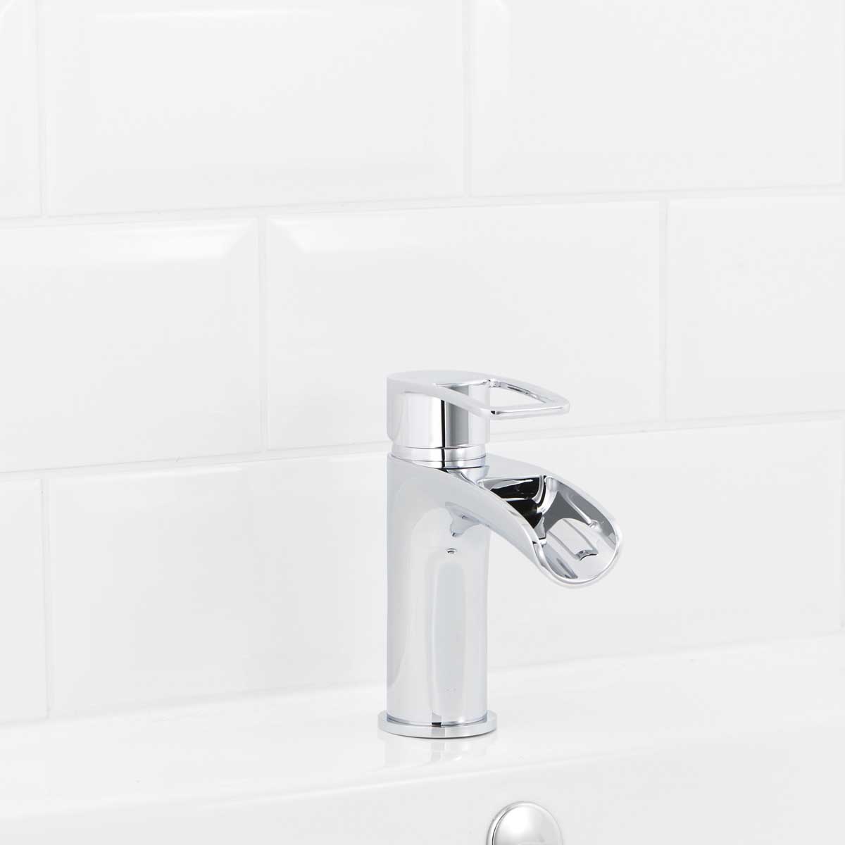 Basin Mixer Tap Waterfall Spout Modern Single Lever Brass Chrome Effect - Image 2