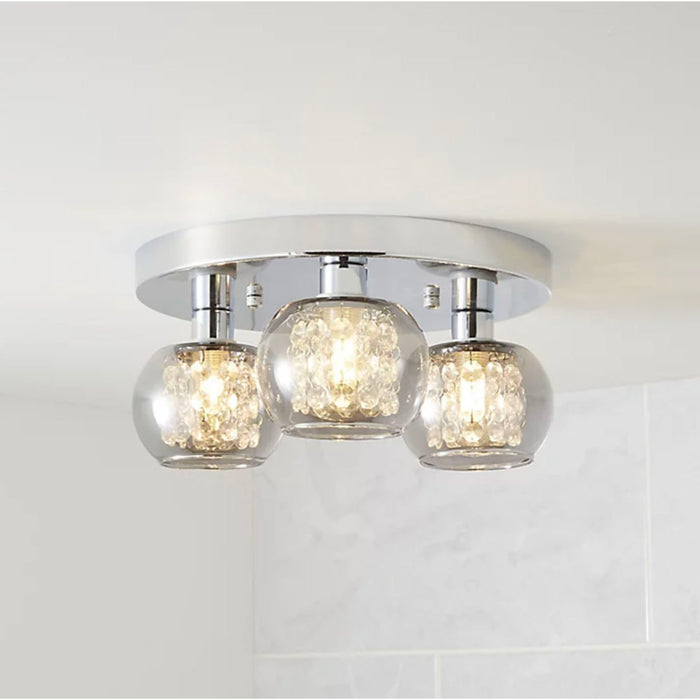 Ceiling Light 3 Way Round Smoke Glass Shades Crystal Decor Livingroom Bedroom - Image 1