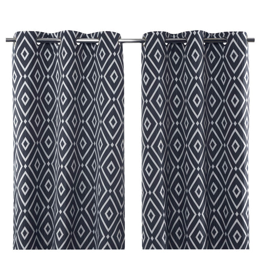 Eyelet Curtain Pair Blue Bold Geo Lined Bay Window Modern (W)228 (L)228cm - Image 1