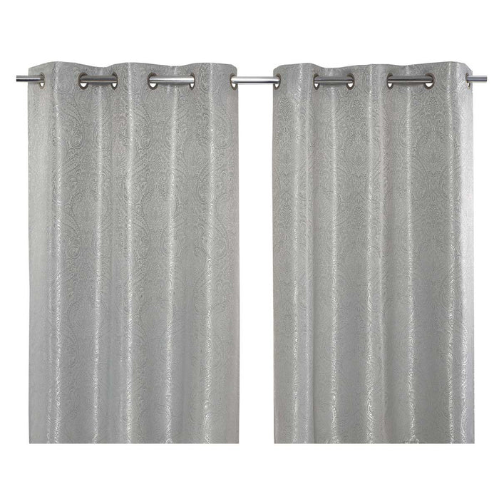 Eyelet Curtain Pair Grey Damask Lined Bay Windows Livingroom (W)167 (L)228cm - Image 1