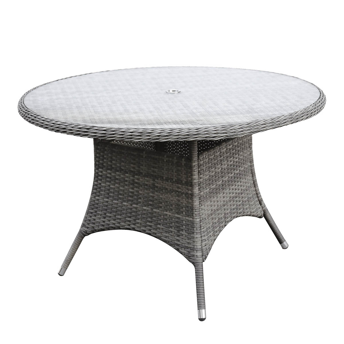 Garden Dining Table 4 Seater Grey Rattan Round Outdoor Umbrella Hole (W) 121cm - Image 1