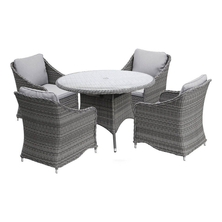 Garden Dining Table 4 Seater Grey Rattan Round Outdoor Umbrella Hole (W) 121cm - Image 5