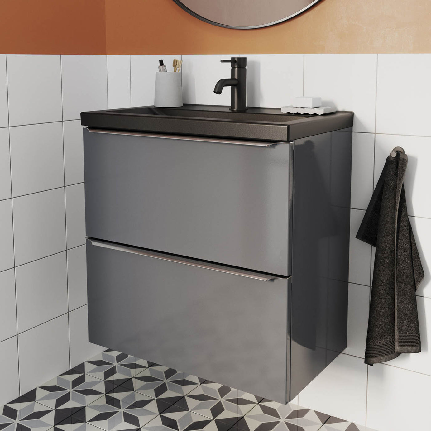 GoodHome Vanity Basin Nira slim Matt Black Rectangular (W)60.4cm - Image 2