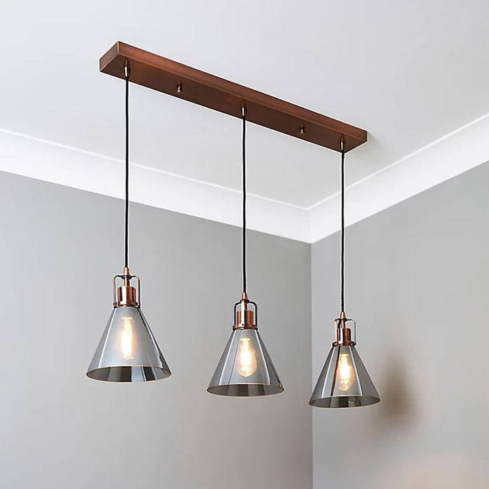 Pendant Ceiling Light 3 Way Multi Arm Cone Antique Copper Effect Industrial - Image 5