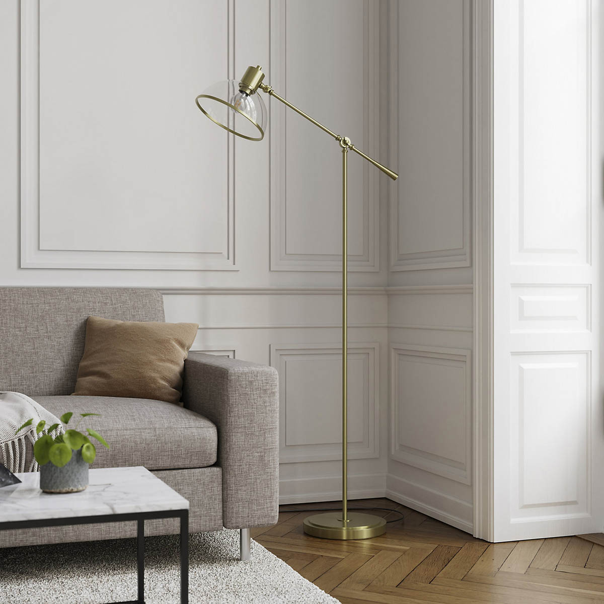 LED Floor Lamp Glass Shade Articulated Antique Brass Effect Modern Freestanding - Image 3