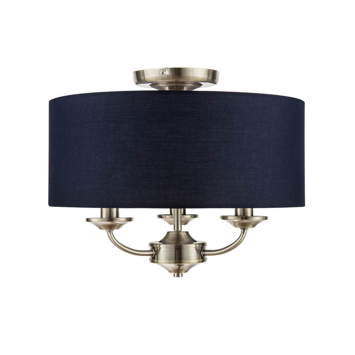 Ceiling Light 3 Lamp LED Satin Fabric Metal Navy Antique Brass Effect Round - Image 2