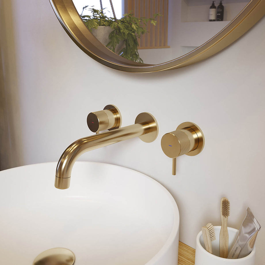 Basin Tap Mono Mixer Double Lever Gold Plated Round Wall Mounted Waste Modern - Image 2