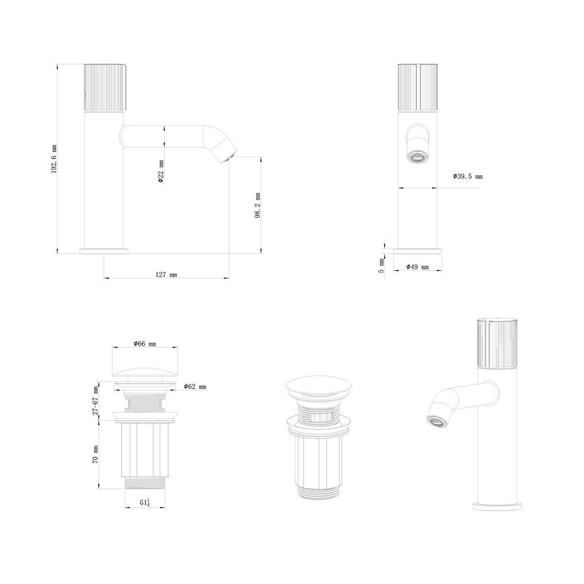 Bathroom Basin Tap Mixer Matt Black Round Single Lever Clicker Waste Modern - Image 3