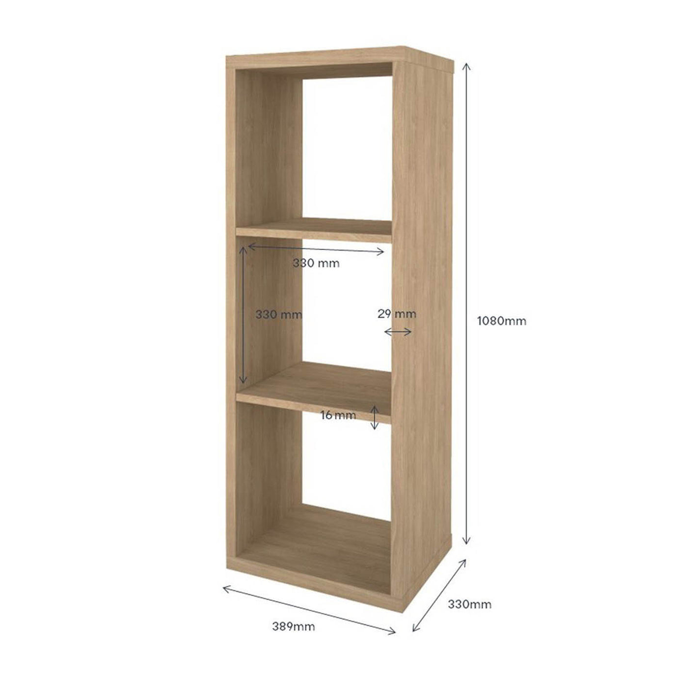 Bookshelf Storage Unit 3 Tier Natural Oak Effect Rectangular (H)1080mm (W)389mm - Image 4