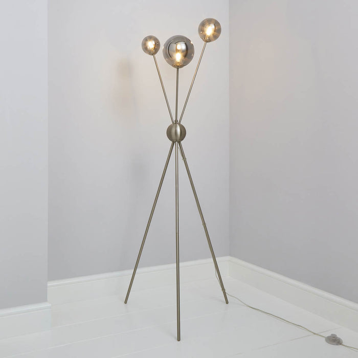 LED Floor Lamp Tripod 3 Way Multi Arm Globe Shades Satin Nickel Effect 1.47cm - Image 2