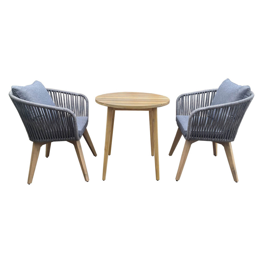 Garden Bistro Set 2 Seater Grey Natural Wooden Table Chairs Outdoor Furniture - Image 1