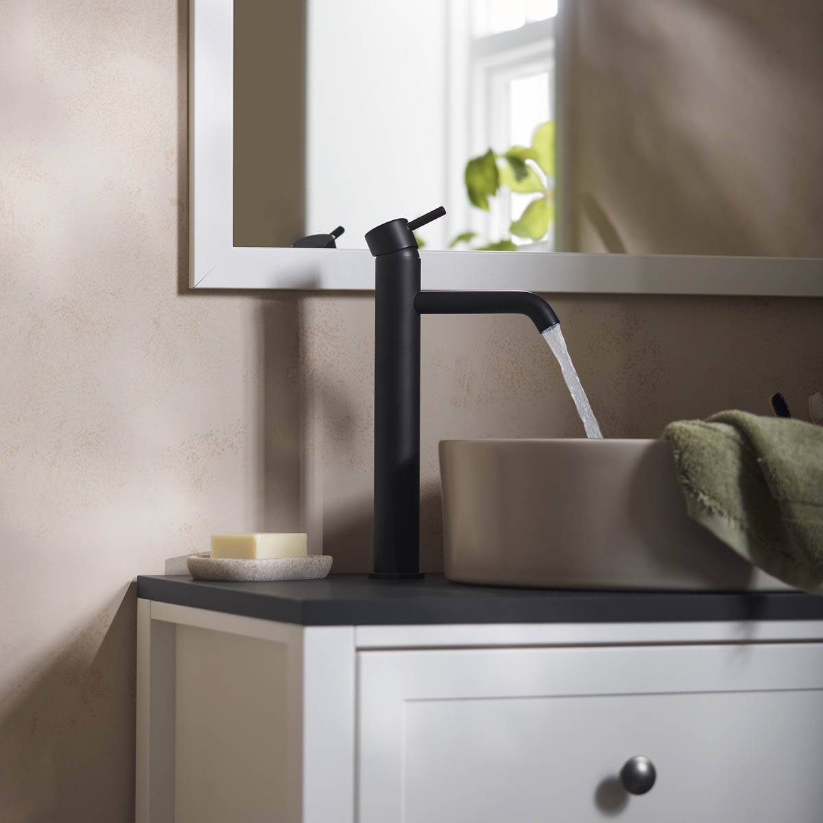 Aquadry Bathroom Sink Tap Tall Matt Black Brass Round Single Lever Contemporary - Image 5