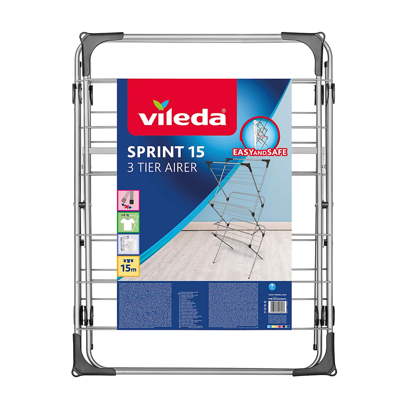 Vileda Sprint 3 Tier Foldable Laundry Airer 15m Indoor Clothes Drying Rack - Image 2