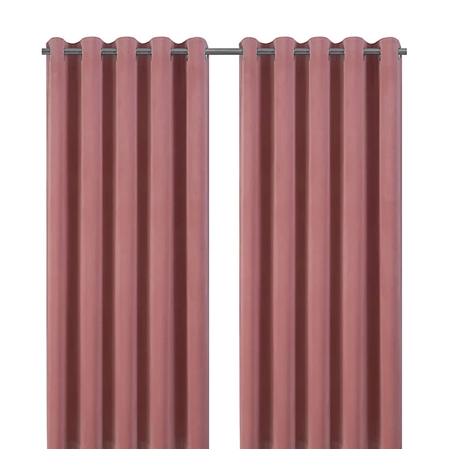 Pair Eyelet Curtain Pink Plain Ready Made Ring Top Velvet Effect (W)167x(L)183cm - Image 1