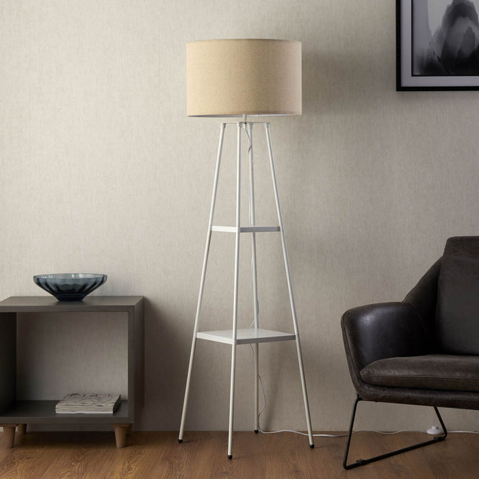 Floor Lamp Tripod Shelved Gloss White Cream Drum Shade Standing Modern 1.56m - Image 3