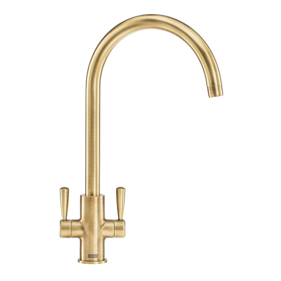 Franke Kitchen Mixer Tap Brass Effect Twin Lever Faucet Swan Neck Swivel Spout - Image 1