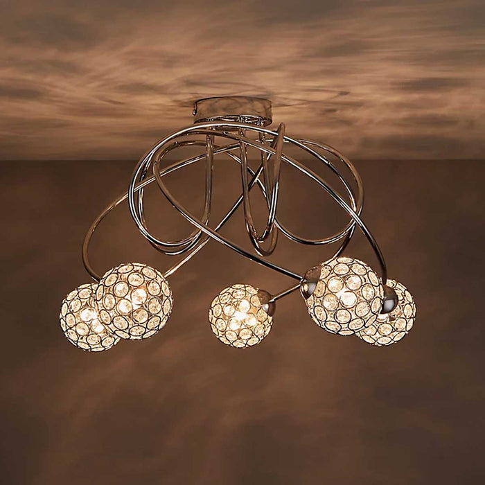 Ceiling Light Way 5 Way multi Arm Chrome Round Crystal Shades Modern Livingroom - Image 5