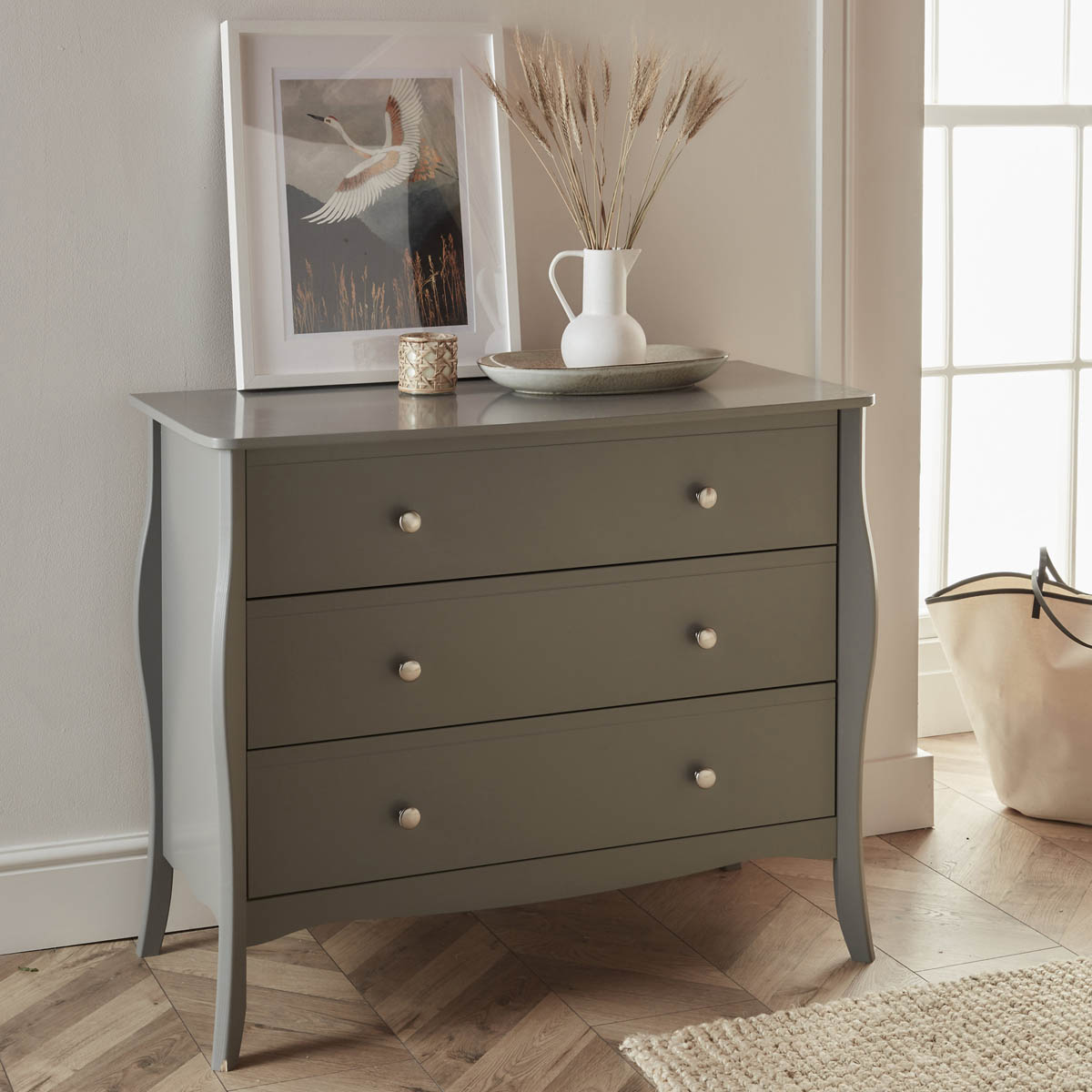 Chest of Drawers Wide 3 Drawer Satin Grey French Chic (H)800mm (W)965mm (D)450mm - Image 2