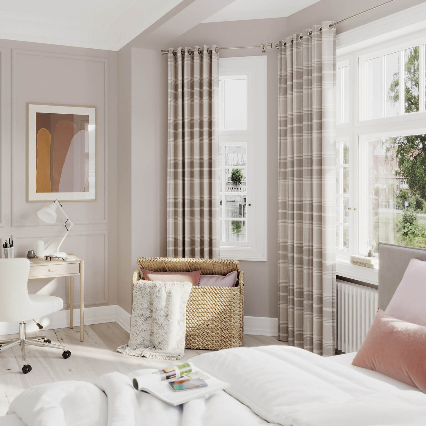 Eyelet Curtain Beige Lined Ready Made Ring Top Living Bedroom Pair 167x228cm - Image 1