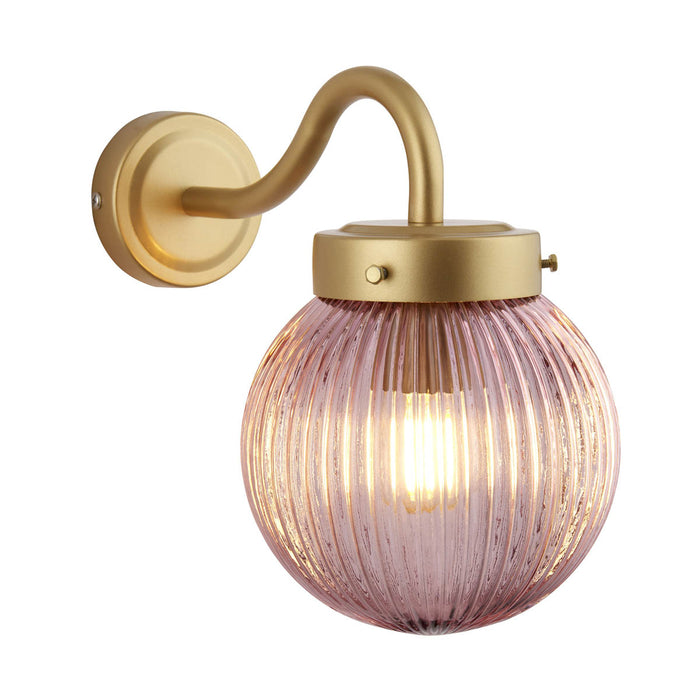 Outdoor Wall Light Ribbed Glass Pink Shade Steel Satin Gold Dimmable Modern - Image 2