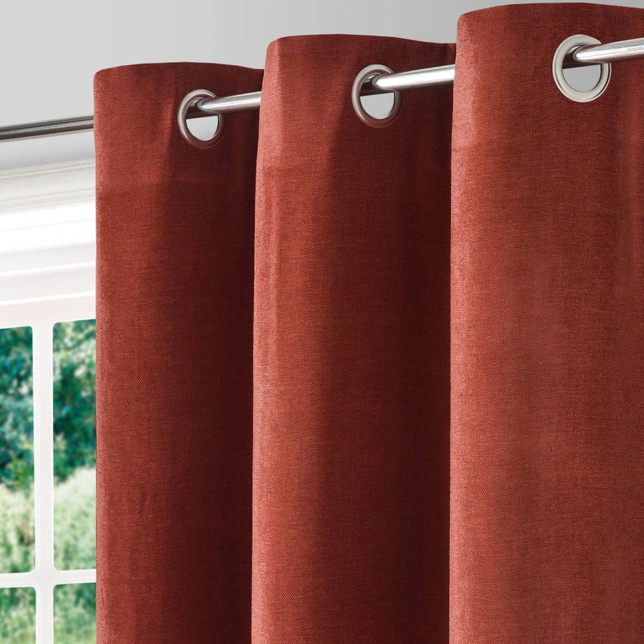Eyelet Curtain Pair Terracotta Red Plain Woven Lined Chenille Effect W167 L228cm - Image 2