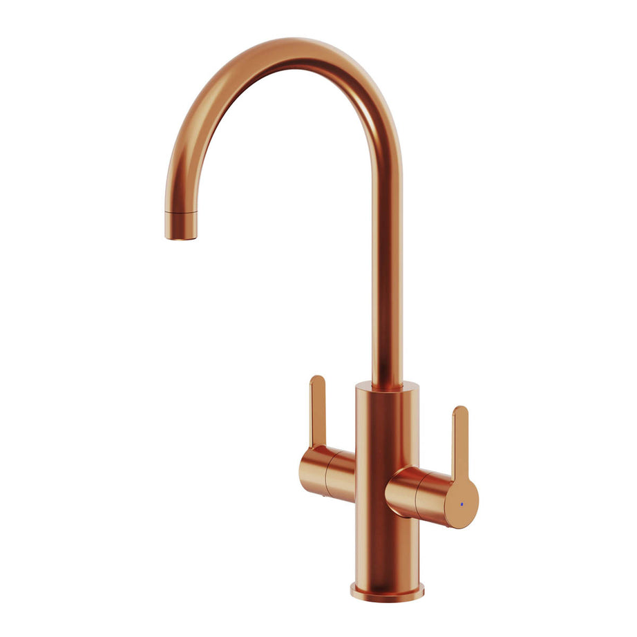 Kitchen MIxer Tap Copper Effect Twin Lever Faucet Swivel Spout Water Saving - Image 1