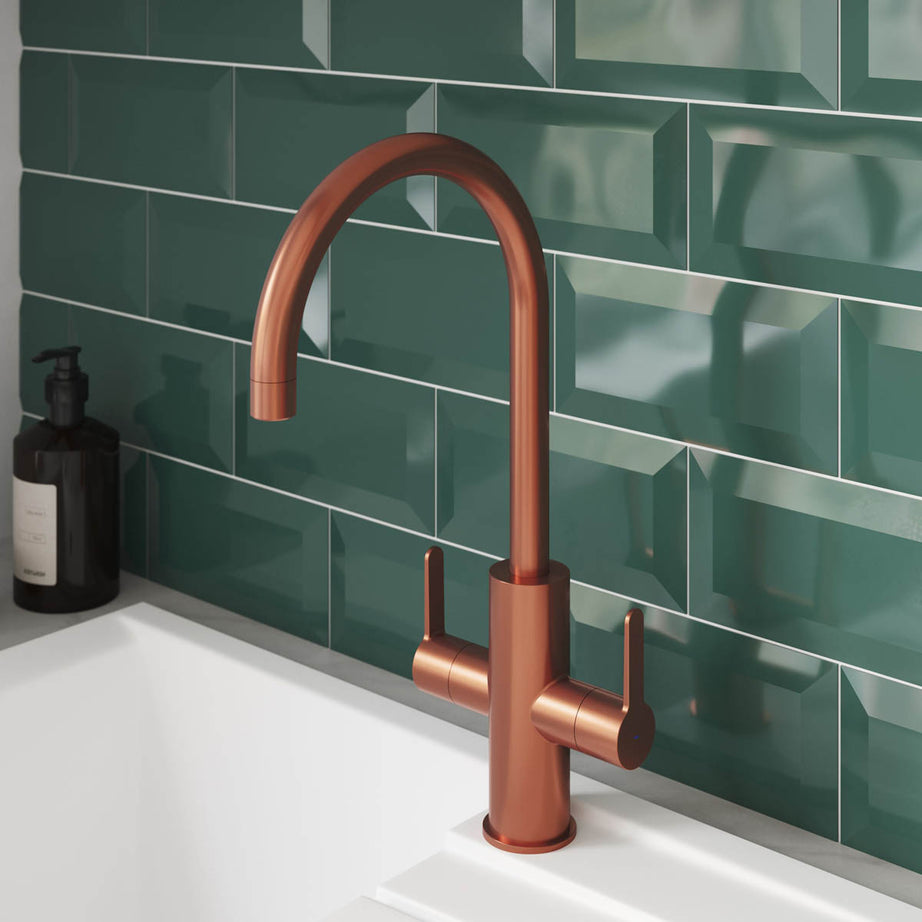 Kitchen MIxer Tap Copper Effect Twin Lever Faucet Swivel Spout Water Saving - Image 3
