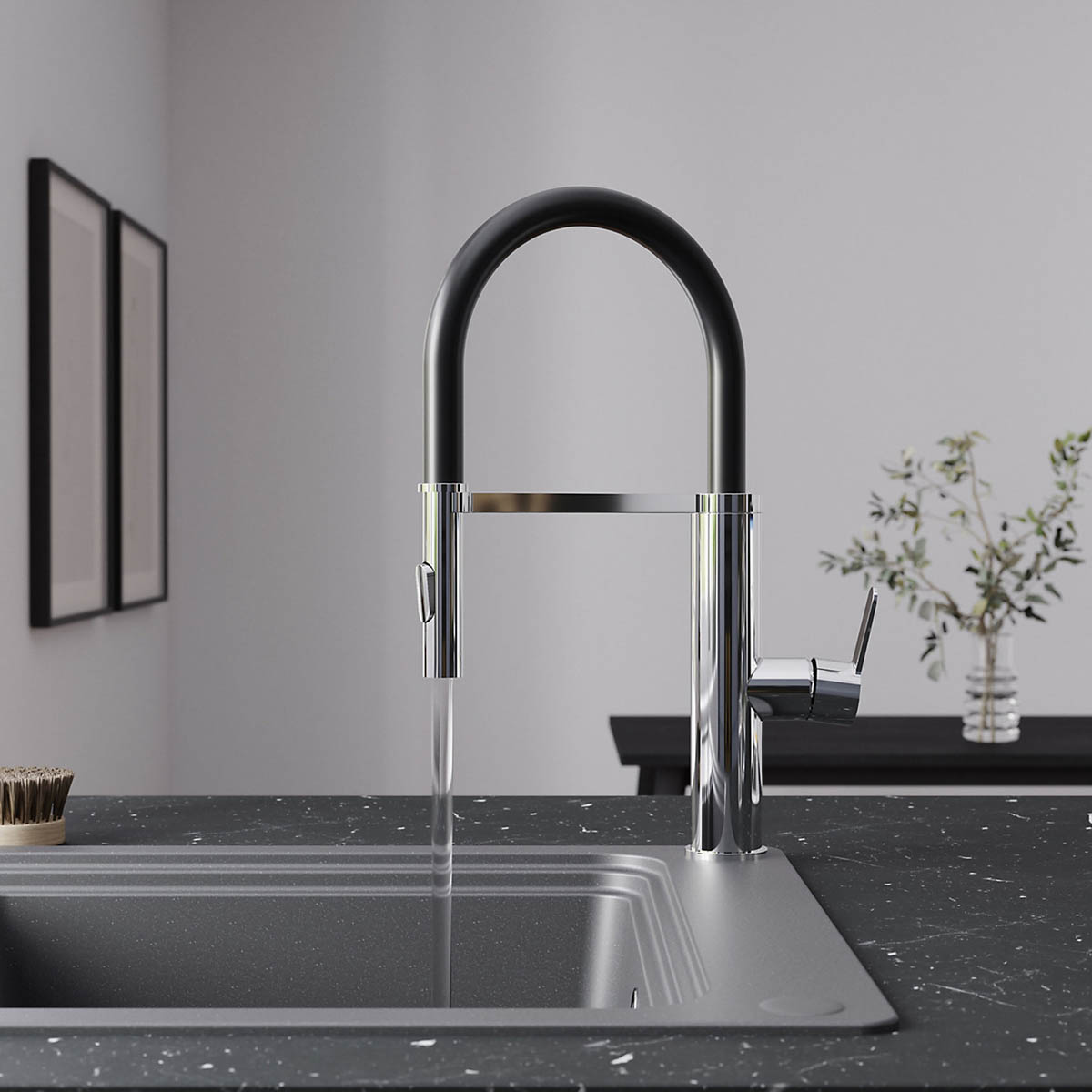 Kitchen Tap Mixer Black Chrome Single Lever Spring Neck Swivel Spout Faucet - Image 5