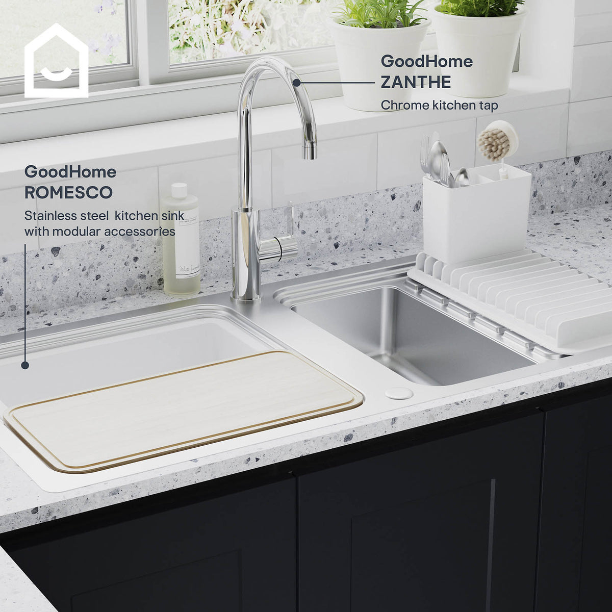 Kitchen Sink Stainless Steel 1.5 Bowl Rectangular Reversible Drainer Compact - Image 8