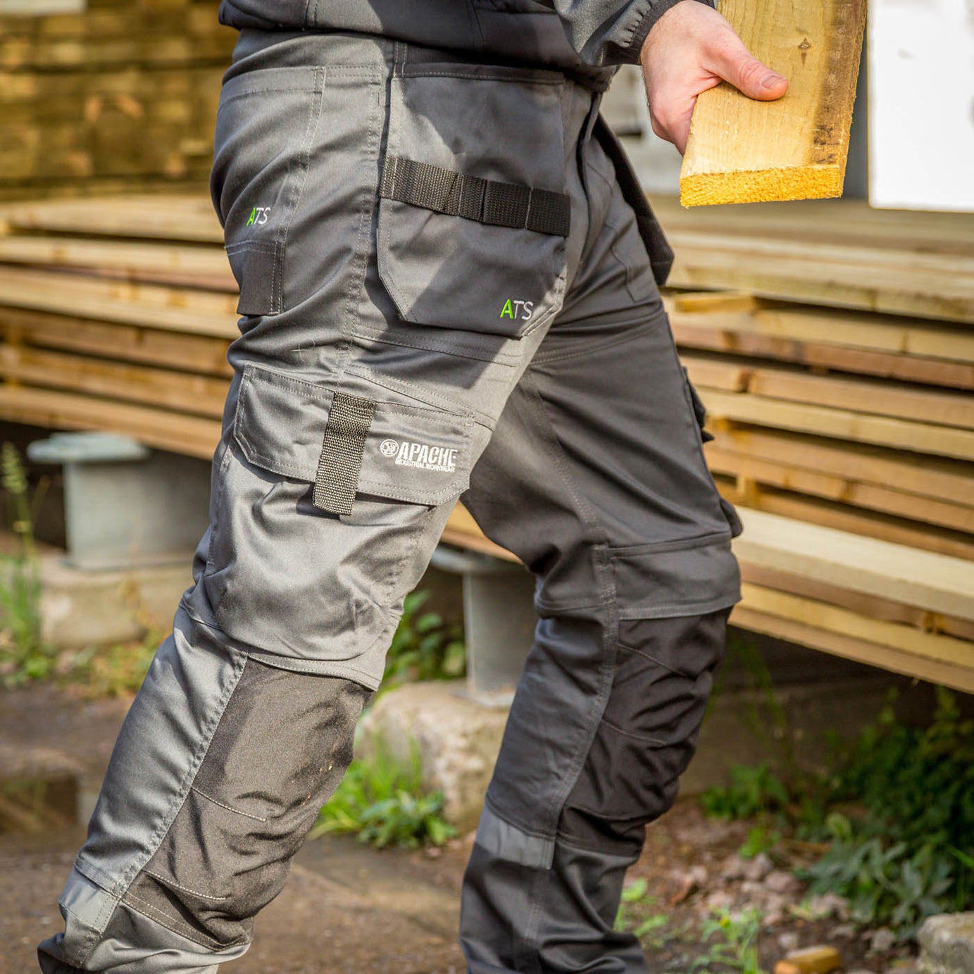 Apache Industrial Wear Mens Trousers Grey Black 9 Pockets Holster W30" L31" - Image 2