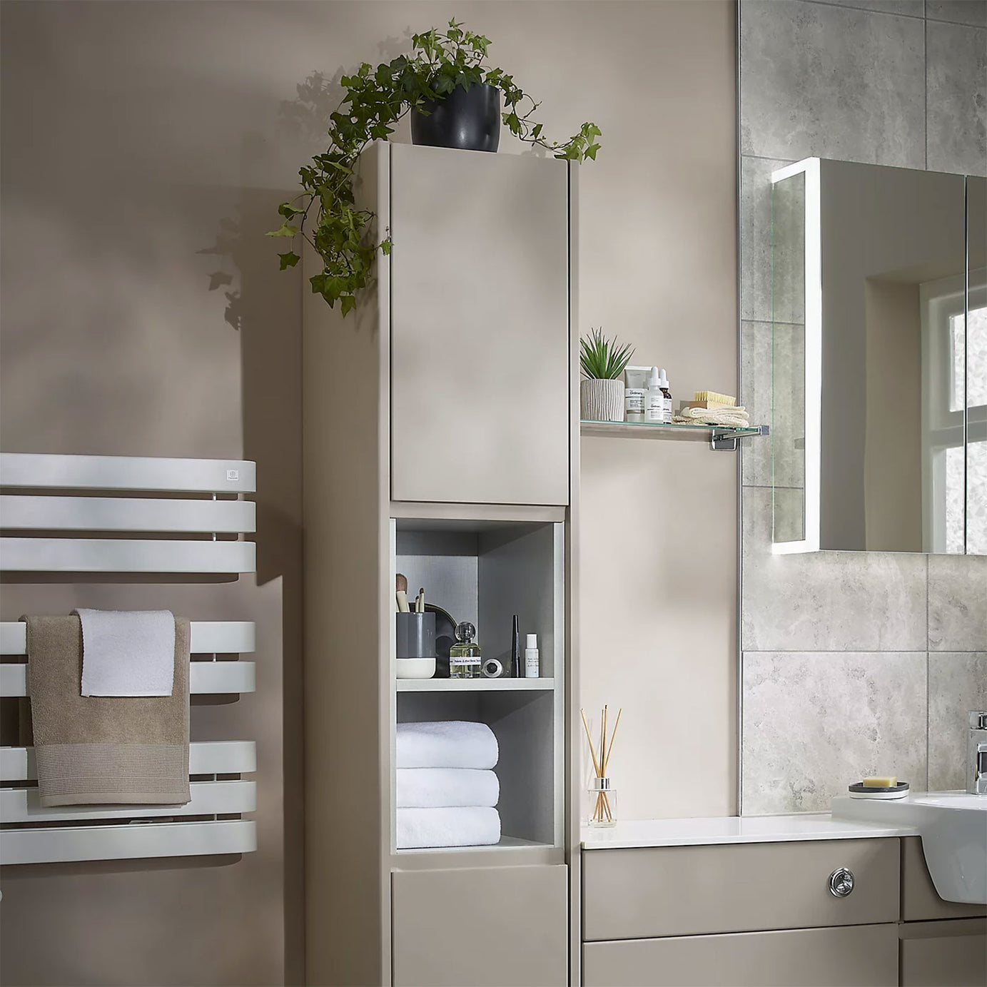 Grey Linen Bathroom Tower Unit 300 x 1800 x 380mm Tall Cabinet - Image 1