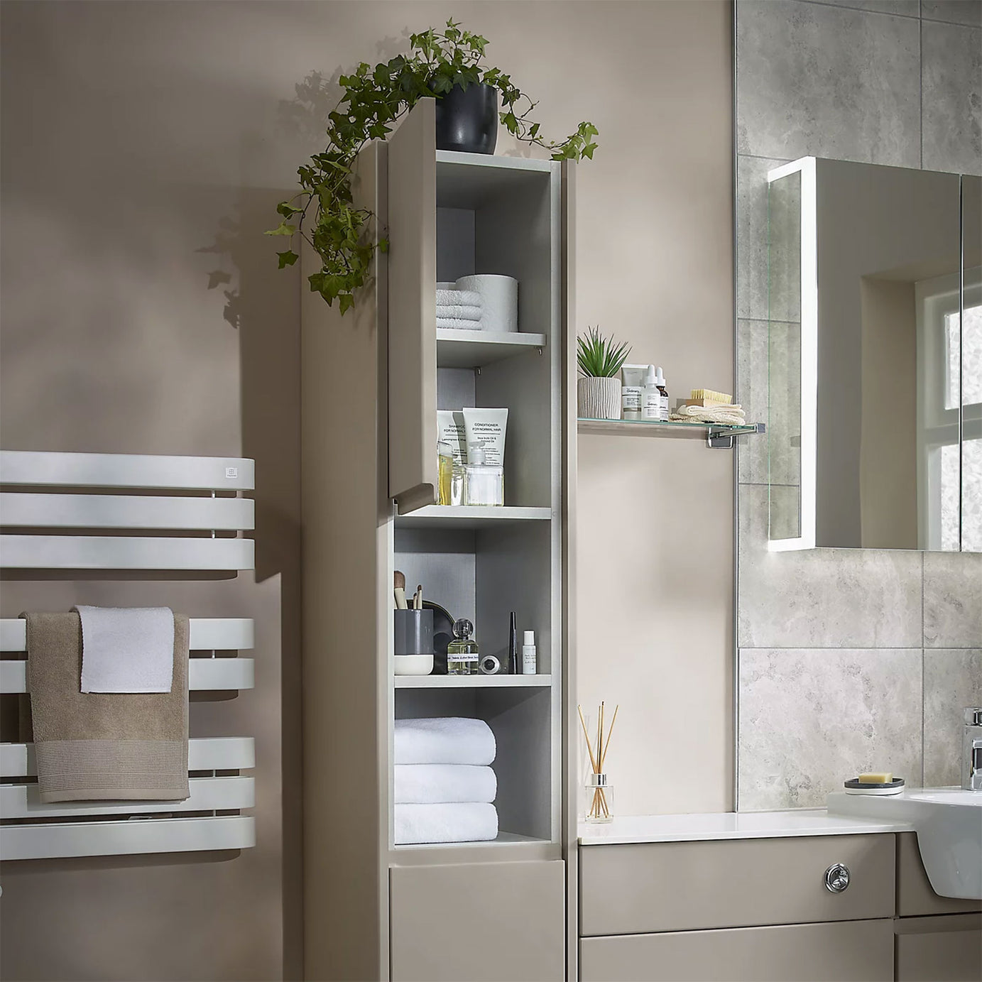Grey Linen Bathroom Tower Unit 300 x 1800 x 380mm Tall Cabinet - Image 2