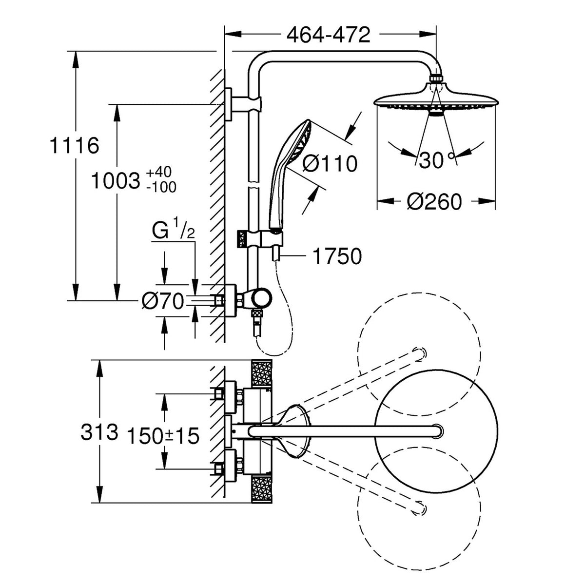 Grohe Vitalio Joy 260 Thermostatic Mixer Shower 2 Head Chrome Bar - Image 4